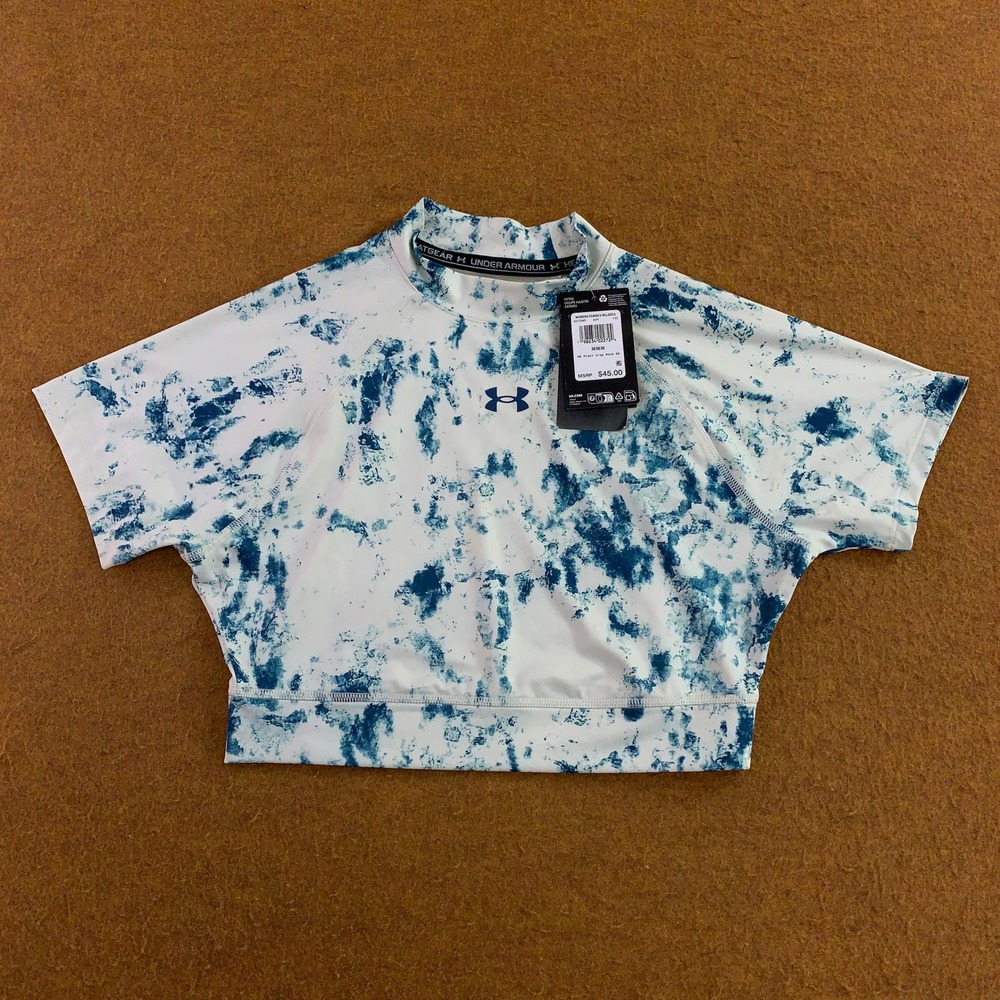 Under Armour Womens Medium Blue Tie Dye HeatGear Crop Mock SS Top NWT